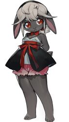  1girl :< arms_behind_back bare_shoulders barefoot black_fur black_hairband bloomers body_fur bow bowtie child closed_mouth detached_collar feet flat_chest full_body furry furry_female goat_girl goat_horns goat_tail grey_hair hair_tie hairband horns legs looking_afar magiace original pink_bloomers ponytail red_bow red_bowtie red_eyes red_ribbon ribbon shirt short_hair short_tail sidelocks simple_background solo standing strapless strapless_shirt tail traditional_bowtie white_background white_shirt 