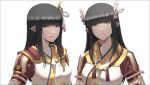  2girls bangs blunt_bangs breasts character_request hair_ornament highres hime_cut lips long_hair looking_at_viewer medium_breasts monster_hunter_rise multiple_girls pointy_ears siblings simple_background smile sthreep twins white_background yellow_eyes 