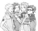  4boys arashiyama_jun arm_around_neck boy_sandwich closed_eyes emblem from_side group_hug hand_on_hip hug hug_from_behind ikoma_tatsuhito jacket jin_yuuichi kakizaki_kuniharu long_sleeves looking_at_another looking_at_viewer looking_back male_focus multiple_boys noeru_(putty) outstretched_arm sandwiched simple_background upper_body white_background world_trigger zipper 