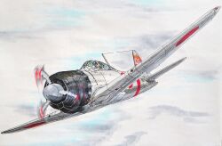  1boy a6m_zero aircraft airplane clouds cloudy_sky flying helmet highres imperial_japanese_navy military military_vehicle original pilot pilot_helmet propeller propeller_fighter sky smile_(jdsmyoko) vehicle_focus 