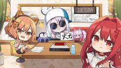  3girls alice_(nikke) animal_ear_headphones animal_ears anis_(nikke) baseball_cap blue_hat brown_eyes brown_hair cat_hair_ornament character_doll chibi clipboard clock closed_mouth clothes_writing fake_animal_ears goddess_of_victory:_nikke grey_hair grin hair_intakes hair_ornament hat headphones highres holding holding_clipboard indoors light_smile locker long_hair multiple_girls mustang_(nikke) neon_(nikke) no_nose official_art on_chair open_mouth orange_thighhighs plastic_bottle rapi_(nikke) rapi_(red_hood)_(nikke) red_eyes red_hair round_eyewear rupee_(nikke) shirt smile star_(symbol) striped_clothes striped_thighhighs sunglasses thigh-highs thumbs_up totatokeke translated v very_long_hair white_hat white_shirt white_thighhighs 