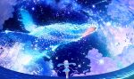  1girl animal bubble clouds cloudy_sky fish floating flying_fish flying_whale grey_hair highres long_sleeves makoron117117 night night_sky original ribbon scenery short_hair skirt sky space star_(sky) starry_sky water whale 