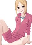  1girl :d blonde_hair brown_eyes easy_(aqk7bdqt) eripiyo feet_out_of_frame jacket knee_up long_hair looking_at_viewer open_mouth oshi_ga_budoukan_itte_kuretara_shinu red_jacket simple_background sitting smile solo track_suit white_background 