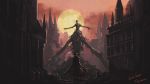  1other ambiguous_gender axe bloodborne bridge cityscape commentary_request copyright_name corpse creature from_behind gun hat holding holding_axe holding_gun holding_weapon hunter_(bloodborne) monster moon red_sky scenery signature sky the_one_reborn tripdancer weapon 