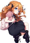  1girl backpack bag bangs black_footwear black_legwear black_ribbon black_skirt blue_eyes blush braid collared_shirt eyebrows_visible_through_hair full_body hair_between_eyes hair_ribbon holding_strap long_hair looking_at_viewer looking_back nijisanji orange_hair otogibara_era pink_shirt puffy_short_sleeves puffy_sleeves ribbon shirt shoe_soles shoes short_sleeves simple_background skirt socks solo tongue tongue_out two_side_up very_long_hair virtual_youtuber white_background yamabukiiro younger 