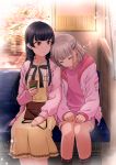  2girls absurdres black_hair brown_eyes closed_eyes dress head_on_shoulder highres hood hoodie idolmaster idolmaster_shiny_colors long_hair mayuzumi_fuyuko multiple_girls rurika_seijin serizawa_asahi short_hair silver_hair sitting sleeping socks thighs 