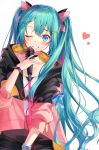  1girl ;d aqua_hair black_shorts blue_eyes blue_hair blue_ribbon blush bracelet braid braided_bangs cable cropped green_hair hair_ornament hairclip hatsune_miku heart highlights highres holding holding_microphone_stand hood hood_down hoodie ion_(on01e) jewelry long_hair long_sleeves looking_at_viewer microphone_stand multicolored_hair one_eye_closed open_mouth pink_hair pink_ribbon ribbon see-through shorts simple_background single_braid smile solo spaghetti_strap streaked_hair symbol_commentary thigh-highs twintails two-sided_fabric very_long_hair vocaloid white_background white_legwear zipper_pull_tab 