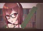  .live 1girl absurdres bespectacled blurry blurry_background book bookshelf brown_eyes brown_hair collarbone glasses hair_between_eyes headband highres library long_hair looking_at_viewer open_mouth pov solo_focus virtual_youtuber yaezawa_natori 