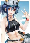  1girl :d akasabi arknights bangs bare_arms bare_shoulders baseball_cap bikini black_bikini blue_hair breasts ch&#039;en_(arknights) collarbone commentary_request dragon_horns folded_ponytail hair_between_eyes halterneck hand_up hat highleg highleg_bikini highres horns horns_through_headwear long_hair looking_at_viewer medium_breasts navel open_mouth red_eyes sidelocks smile solo stomach swimsuit v white_headwear 