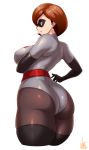  1girl ass black_legwear bodysuit breasts brown_hair elastigirl from_behind helen_parr highres jmg large_breasts short_hair simple_background skindentation solo the_incredibles thick_thighs thigh-highs thighs white_background 