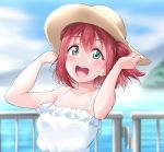  1girl :d blue_sky blurry blurry_background blush depth_of_field dress green_eyes hands_on_headwear hands_up hat highres kurosawa_ruby looking_at_viewer love_live! love_live!_sunshine!! open_mouth railing redhead round_teeth short_hair sky smile solo straw_hat sundress teeth twintails upper_body upper_teeth white_dress yopparai_oni 