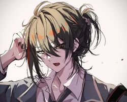  1boy arm_up black_nails black_necktie blue_jacket brown_hair claw_hair_clip collarbone collared_shirt commentary fang hair_behind_ear hair_between_eyes highres jacket lapels male_focus multicolored_hair nail_polish necktie nijisanji nijisanji_en open_clothes open_collar open_jacket open_mouth red_hair s_mizuki666 shirt simple_background solo streaked_hair tongue upper_body virtual_youtuber vox_akuma white_background white_shirt white_trim wing_collar yellow_eyes 