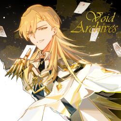  1boy blonde_hair card character_name chinese_commentary collared_shirt commentary_request green_eyes highres holding holding_card honkai_(series) honkai_impact_3rd jacket long_hair playing_card qieazhibingjiling shirt smile void_archives white_jacket white_shirt 