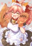  1girl :d animal_ear_fluff animal_ears apron bangs bell bell_collar black_dress blush bow breasts brown_eyes brown_gloves collar commentary_request dress eyebrows_visible_through_hair fangs fate/grand_order fate_(series) fox_ears fox_girl fox_tail frilled_apron frills gloves grey_background hair_between_eyes hair_bow hands_up ittokyu jingle_bell long_hair medium_breasts open_mouth paw_gloves paws pink_hair ponytail puffy_short_sleeves puffy_sleeves red_bow red_collar short_sleeves signature smile solo tail tamamo_(fate)_(all) tamamo_cat_(fate) white_apron 