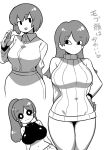  breasts closed_mouth commentary_request greyscale highres large_breasts long_hair looking_at_viewer monochrome multiple_girls original short_hair simple_background smile tukiwani turtleneck_dress white_background 