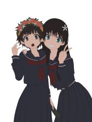  2girls absurdres black_hair blue_eyes brown_eyes commentary_request flower grin hair_flower hair_ornament hand_on_another&#039;s_shoulder head_wreath highres long_hair long_skirt long_sleeves looking_at_viewer midriff_peek multiple_girls musaki_(msaki666) neckerchief pleated_skirt red_neckerchief sailor_collar sakugawa_school_uniform saten_ruiko school_uniform short_hair skirt smile toaru_kagaku_no_railgun toaru_majutsu_no_index uiharu_kazari v white_background winter_uniform 