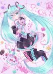  1girl blue_hair boots clenched_teeth floating_hair hamkuti hatsune_miku highres holding holding_microphone_stand long_hair looking_at_viewer microphone_stand skindentation solo teeth thigh-highs thigh_boots twintails vocaloid 
