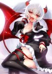  1girl bangs blush breasts cluseller demon_girl demon_horns demon_tail demon_wings evo_grim eyebrows_visible_through_hair grim_aloe hair_between_eyes horns long_hair looking_at_viewer low_wings open_mouth quiz_magic_academy_the_world_evolve red_eyes smile solo tail thigh-highs twintails very_long_hair white_hair wings 