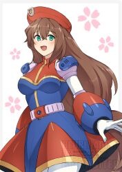  blue_dress blue_eyes brown_hair cowboy_shot dress hat highres iris_(mega_man) long_hair mega_man_(series) mega_man_x_(series) open_mouth red_dress red_hat simple_background smile tobitori watermark white_background 