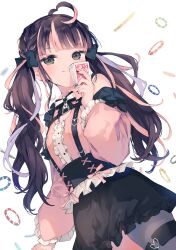  1girl absurdres ahoge arm_at_side bare_shoulders black_bow black_hair black_nails black_skirt blunt_bangs borrowed_character bow breasts buttons card closed_mouth commission cowboy_shot cross-laced_clothes detached_sleeves dutch_angle fingernails green_eyes hair_bow hand_up happy heart highres holding holding_card indie_virtual_youtuber light_smile lolita_fashion long_fingernails long_hair long_sleeves multicolored_hair pink_hair pink_shirt playing_card poker_chip purple_hair second-party_source shirt simple_background skirt small_breasts solo streaked_hair suspender_skirt suspenders tamaki_iori thigh_strap turning_head twintails white_background 