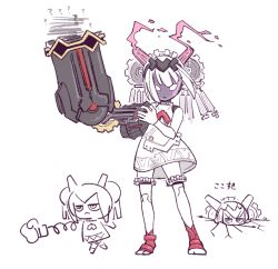  1girl ? bare_shoulders breasts cerasus_jam chibi daedalus_(fate) doll_joints dress expressionless fate/grand_order fate_(series) full_body gears glowing_pupils hair_between_eyes hairband joints light_bulb light_bulb_hair_ornament looking_at_viewer mechanical_arms medium_hair naucrate_(fate) partially_buried robot_girl rocket_punch simple_background single_mechanical_arm sketch sleeveless small_breasts solo spring_(object) thigh-highs translation_request vacuum_tube white_background white_dress white_hair white_thighhighs yellow_eyes 