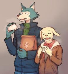  2boys beastars blue_coat brown_coat coat dog_boy facing_viewer food furry furry_male green_sweater hierotubas holding holding_food jack_(beastars) legoshi long_sleeves looking_at_viewer multiple_boys open_mouth red_scarf ribbed_sweater scarf sharp_teeth steamed_bun sweater teeth wolf_boy 