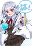  1girl absurdres destiny549-2 eyebrows_visible_through_hair hakase_fuyuki highres holding_test_tube labcoat liquid looking_at_viewer nijisanji open_mouth red_eyes smile solo virtual_youtuber white_hair 