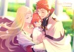  ;d ascot blonde_hair blue_eyes cape family garden grin happy heinkel_astrea hug kumuo_(mirakurufusao) long_hair long_sleeves louanna_astrea one_eye_closed outdoors re:zero_kara_hajimeru_isekai_seikatsu redhead reinhard_van_astrea smile sunlight 