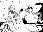  2boys capcom_vs_snk_2 cape closed_mouth commentary_request crossover fatal_fury geese_howard hat highres japanese_clothes male_focus monochrome multiple_boys muscle open_mouth ryuuko_no_ken simple_background smile street_fighter the_king_of_fighters tukiwani vega white_background 