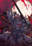  1boy armor extra_eyes fate/grand_order fate_(series) gamiani_zero glowing glowing_eyes highres holding holding_weapon horns katana moon mori_nagayoshi_(fate) red_eyes sheath sheathed solo sword weapon 