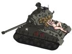  1girl american_flag_bikini bikini blonde_hair blue_eyes breasts brups_tv english_commentary flag_print ground_vehicle highres large_breasts looking_to_the_side looking_up lying m4_sherman midriff military military_vehicle motor_vehicle navel on_back one_eye_closed open_mouth original revision shorts smile swimsuit tank tied_hair vehicle_focus white_background yellow_shorts 