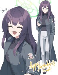  1girl absurdres aged_up alternate_costume blue_archive character_name closed_eyes green_eyes green_halo halo happy_birthday highres long_hair open_mouth projectorzero purple_hair saki_(blue_archive) smile solo white_background 