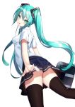  1girl :p aqua_eyes aqua_hair arms_at_sides bag bangs bare_arms black_legwear black_skirt breasts collared_shirt feet_out_of_frame fingernails from_below from_side hair_ornament hatsune_miku head_tilt holding holding_bag long_hair looking_at_viewer looking_down looking_to_the_side making-of_available miniskirt school_bag school_uniform shirt short_sleeves sidelocks simple_background skirt smile solo tasuku_(user_fkzv3343) thigh-highs tongue tongue_out twintails upskirt very_long_hair vocaloid walking white_background white_shirt 