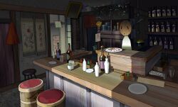  1other alcohol bar_(place) bar_stool beer bottle bowl chair counter cup drinking_glass food indoors jessenpaints liquor mask original plate salt_shaker scenery shelf shot_glass sliding_doors spirit stool sushi table translation_request wine_bottle 