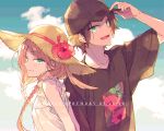  1boy 1girl :d arashiyama_jun arms_at_sides bare_shoulders baseball_cap black_headwear black_shirt braid brown_headwear closed_mouth clouds cousins dated day dress english_text floral_print flower frills green_eyes hair_flaps hair_over_shoulder hand_on_headwear hand_up happy_birthday hat hat_flower hibiscus konami_kirie long_hair looking_at_viewer noeru_(putty) open_mouth print_shirt red_flower shirt short_sleeves sky smile straw_hat summer sun_hat sundress t-shirt twin_braids twintails upper_body white_background world_trigger 