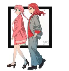  2girls blue_eyes bocchi_the_rock! braid dress full_body gotoh_hitori grey_hair grey_pants hand_in_pocket highres kita_ikuyo long_hair long_sleeves multiple_girls own_hands_together pants pink_dress pink_hair red_hair red_shirt shirt simple_background single_braid tomato_(lsj44867) white_background 