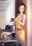  1girl apron brown_hair cooking heterochromia highres indoors kilye_4421 kitchen original ponytail short_hair solo 