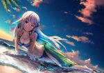  1girl anemone_noa bikini bird blue_hair breasts hair_ornament large_breasts lize_helesta long_hair looking_at_viewer multicolored_hair nijisanji ocean smile solo sunset swimsuit two-tone_hair violet_eyes virtual_youtuber 