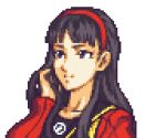  1girl amagi_yukiko black_eyes black_hair english_commentary fire_emblem glaceo hairband hand_in_hair looking_up lowres parody persona persona_4 pixel_art portrait red_hairband school_uniform solo style_parody white_background 