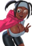  1girl arung_samudra_(cessa) bent_over bike_shorts black_eyes black_hair breasts cessa cropped_hoodie dark_skin edie_crop_hoodie english_commentary glasses hood hoodie large_breasts looking_at_viewer meme_attire ombok_diving_and_delivery_services one_eye_closed self_shot solo tongue tongue_out twintails 