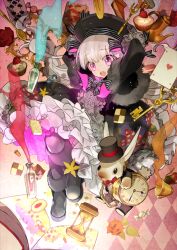  1girl :o alice_in_wonderland analog_clock animal_head argyle_background arms_up bib_collar black_boots black_bow black_bowtie black_dress black_hat book boots bottle bow bowtie candy capelet card checkerboard_cookie child clock cookie cup dress drink falling fate/grand_order fate_(series) food fork full_body fur-trimmed_capelet fur_trim furry hands_on_headwear hat hat_bow hourglass key knees_up looking_down midair nursery_rhyme_(fate) official_art open_book open_mouth pink_background pink_eyes pinstripe_bowtie plate playing_card pocket_watch rabbit red_bow red_bowtie short_dress solo teacup teapot teeth third-party_source top_hat upper_teeth_only wada_arco watch white_hair white_rabbit_(alice_in_wonderland) wrapped_candy 