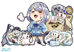  1girl afterimage alarm_clock amazon_(company) blue_bow blue_bowtie blue_hoodie blue_skirt bottle bow bowtie box brand_name_imitation breasts buru-dai cardboard_box clock closed_eyes commentary_request dan'in-san_(shirogane_noel) diagonal-striped_bow diagonal-striped_bowtie diagonal-striped_clothes grey_hair hamster hololive hood hoodie large_breasts mace miniskirt motion_lines plaid_clothes plaid_skirt pleated_skirt pointing shirogane_noel skirt socks striped_clothes sweatdrop translation_request trash_bag water_bottle weapon white_socks yagoo youtube_creator_award 