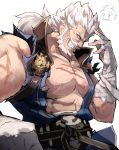  bandaged_arm bandages beard blue_eyes clenched_hand facial_hair granblue_fantasy grin kekemotsu male_focus muscle mustache pectorals scar smile soriz white_background white_hair 