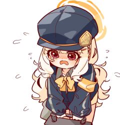  1girl absurdres aoba_(blue_archive) armband blonde_hair blue_archive box character_request crying crying_with_eyes_open hair_ornament hairclip halo hat highres holding holding_box lazy_guineapig long_hair mechanic neck_ribbon peaked_cap red_eyes ribbon solo sweat tears toolbox white_background 