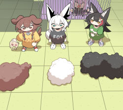  4girls :3 absurdres ahoge animal_ear_fluff animal_ears aqua_eyes black_hair black_shirt bone_hair_ornament braid brown_eyes brown_hair cage cartoon_bone cat_girl closed_eyes clothes_writing cocomayo29_(tomato) collar commentary_request dog_ears dog_girl fox_ears fox_girl fox_tail from_above green_shirt grey_slippers hair_ornament highres hololive hololive_gamers inugami_korone korean_commentary listener_(inugami_korone) multicolored_hair multiple_girls nekomata_okayu ookami_mio photo-referenced purple_hair red_collar red_hair shirakami_fubuki shirt slippers streaked_hair tail tile_floor tiles tongue tongue_out twin_braids virtual_youtuber white_hair white_slippers wolf_ears wolf_girl yellow_shirt 