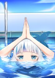  1girl absurdres blue_eyes blue_hair blue_sky day fins fish_tail gawr_gura hair_ornament highres hololive hololive_english jape_(ja_pehhhh) looking_at_viewer multicolored_hair outdoors partially_submerged pool pool_ladder shark_girl shark_hair_ornament shark_tail sky solo streaked_hair tail virtual_youtuber white_hair 