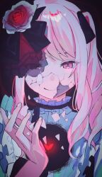  1other akiyama_mizuki closed_mouth cracked_skin crying crying_with_eyes_open dress flower frills hair_flower hair_ornament hair_ribbon heart hole_in_chest hole_on_body imkooooww keikyoku_no_machi_wa_doko_e_(project_sekai) long_hair official_alternate_costume other_focus pink_eyes pink_hair project_sekai ribbon rose side_ponytail sidelocks solo tears white_dress 