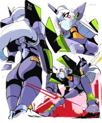  1girl artist_name colored_skin double-parted_bangs eva_01 highres horns long_hair neon_genesis_evangelion original poses reddymarts robot_girl single_horn sketch white_background white_hair 
