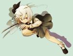  1girl black_bow black_footwear blue_background bow closed_mouth drop_shadow green_skirt green_vest hair_bow holding holding_sword holding_weapon ka_(marukogedago) katana konpaku_youmu konpaku_youmu_(ghost) long_sleeves looking_at_viewer red_eyes shirt shoes short_hair simple_background skirt socks solo standing standing_on_one_leg sword touhou vest weapon white_hair white_legwear white_shirt wide-eyed 