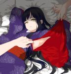  1girl arm_support armpits arms_up assisted_exposure bangs bed_sheet black_hair blunt_bangs chito04 floral_print hair_strand highres japanese_clothes kimono long_hair long_sleeves looking_at_viewer lying obi on_back on_bed original out_of_frame parted_lips pillow print_kimono purple_kimono sash shade solo_focus straight_hair upper_body very_long_hair yellow_eyes 
